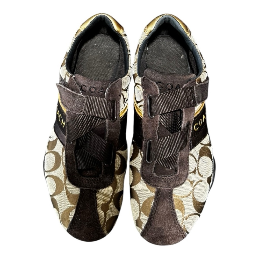 Coach Signature Monogram Sneakers Brown/Gold Velcro Strap Size 7 - Picture 3 of 11